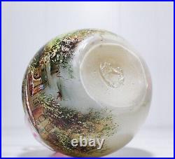 RARE Antique Vintage Hand Painted Scene on Glass Ruffled Top Vase
