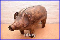 RARE Antique Vintage Robert Kirk Large Brown Leather PIG BENCH Footstool England