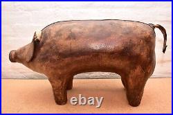 RARE Antique Vintage Robert Kirk Large Brown Leather PIG BENCH Footstool England