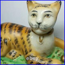 RARE Antique/Vintage Staffordshire Recumbent Hand Painted Porcelain Cat