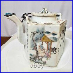 RARE Antique Vtg Hexagonal Asian Teapot with Sterling Handle & spout cover w frog