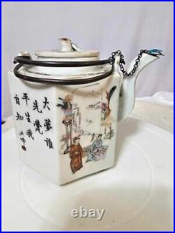 RARE Antique Vtg Hexagonal Asian Teapot with Sterling Handle & spout cover w frog
