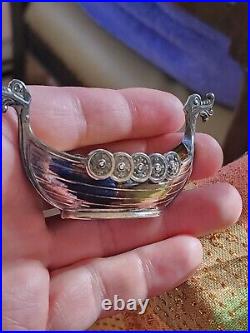 RARE Sterling Theodor Olsens open salt dip viking boat Norway gold gilt ship