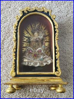 RARE VINTAGE Antique German Wax Madonna Gold Bullion in Case
