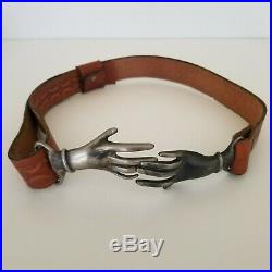 RARE Vintage 70's Victorian Style Clasping Hands Engraved Leather Belt