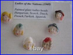 RARE Vintage Antique Glass Head Buttons LADIES OF THE NATIONS Excelent Condition