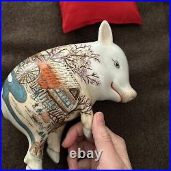 RARE Vintage Chinese Porcelain Lucky Sleeping Pig Figurine with Red Pillow