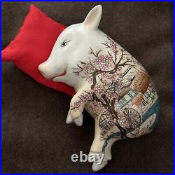 RARE Vintage Chinese Porcelain Lucky Sleeping Pig Figurine with Red Pillow