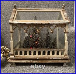 RARE! Vintage Christmas Terrarium Greenhouse Lighted Tree Gold & Silver Antique