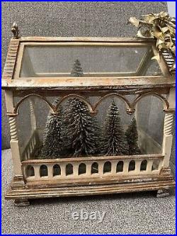 RARE! Vintage Christmas Terrarium Greenhouse Lighted Tree Gold & Silver Antique