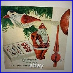 RARE- Vintage Shiny Brite 8 Christmas Ornaments With Box 3 Santa Clauses & 5 Birds