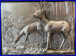 RARE Vintage Silver Deer Wall Plaque 3D High Relief HB-Germany Frame Size 11