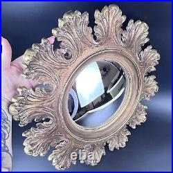 RARE Vtg Syroco Round Bubble Convex Gold Mirror Floral Starburst MCM Hollywood