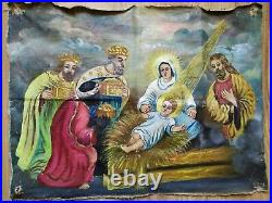 RARE antique vintage Oil Painting Mother God Christmas Kings gifts