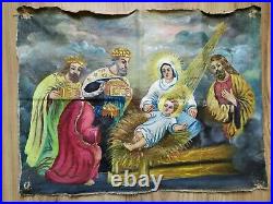 RARE antique vintage Oil Painting Mother God Christmas Kings gifts