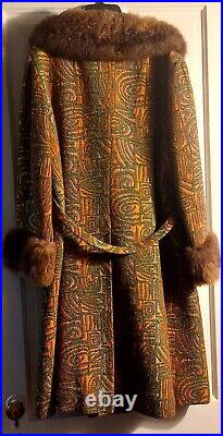 Rare 60's Mod Vintage Tapestry Chenille Coat With Muskrat Fur Collar And Cuffs