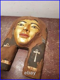 Rare Antique Ancient Egyptian Wood Mask Queen Crown Hiroglyphic 2480 BC