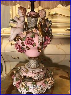 Rare Antique CAPODIMONTE ITALIAN Porcelain table Lamp Angels Cherubs