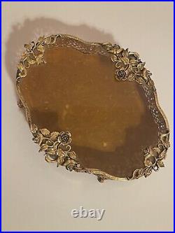 Rare Antique French Victorian Beveled Glass Jewelry Box Vintage Gold Floral