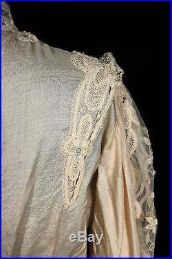 Rare Antique French Victorian Silk & Hand Made Lace High Neck Blouse Sz 36-38