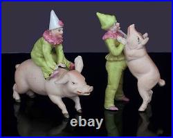 Rare Antique Pair German Pink Pig Clown Miniature Bisque Circus Figurines Toys