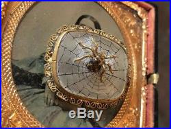 Rare Antique Rock Crystal Enamel Figural Spider Web Pin Brooch Awesome