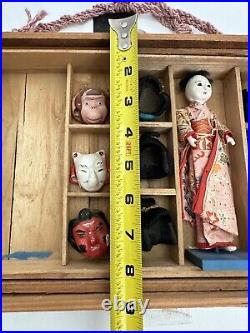 Rare Antique/Vintage 1920s-1930s Japanese Ichimatsu Doll Kimono 6 Masks 6 Hair