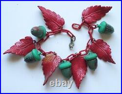 Rare Antique Vintage Art Deco Red Green Acorn Leaves Celluloid Charm Bracelet