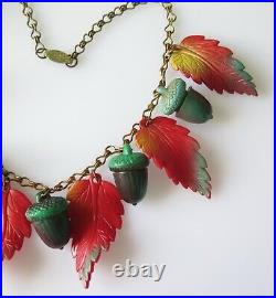 Rare Antique Vintage Art Deco Red Green Acorn Leaves Celluloid Charm Necklace