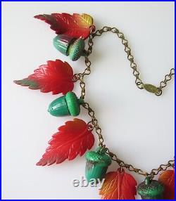 Rare Antique Vintage Art Deco Red Green Acorn Leaves Celluloid Charm Necklace