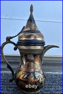 Rare Antique Vintage Dallah Copper Silver Brass Inlayed Egyption Coffee Tea Pot