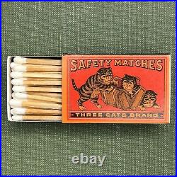 Rare Antique Vintage Matchbox Ephemera Three Cats Brand Safety Matches Unstruck