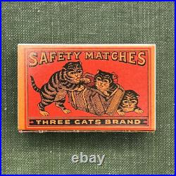 Rare Antique Vintage Matchbox Ephemera Three Cats Brand Safety Matches Unstruck