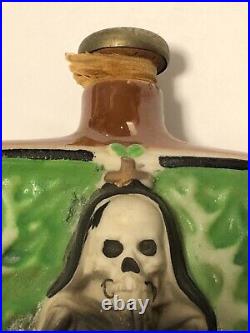 Rare Antique Vintage Porcelain Grim Reaper Skeleton Poison Bottle Flask