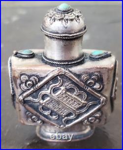 Rare Antique Vintage Silver Engraved Bottle Tests 10k Gold Blue Stones and Lid