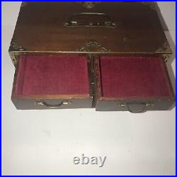 Rare Antique Wooden Japanese Tansu Jewelry Box With Brass Vintage Made In Japan