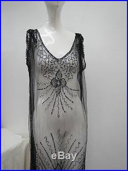 Rare Art Deco 1920s Flapper French Net Sequinned Over Dress Black Open Sides
