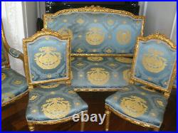 Rare French Antique 19th Century Louis XVI Gilt 5 Pc Sofa, Arm Chairs, Chairs Set