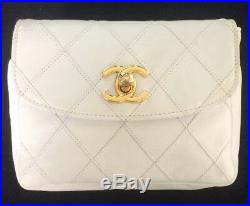 Rare Size 85 Chanel CC Logo White Leather Belt Waist Bag Purse Handbag