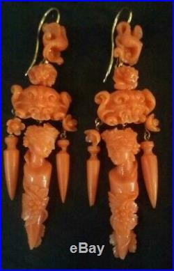 Rare Victorian Antique 18K Gold Natural Coral Carvings Cameos Dangle Earrings