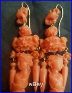 Rare Victorian Antique 18K Gold Natural Coral Carvings Cameos Dangle Earrings