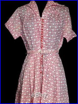 Rare Vintage 1950's Red And White Small Floral Print Nylon Sheer Dress Size 6-8