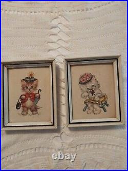 Rare Vintage 2x Donald Art Co. Inc. 1814 framed 1958 cat kitten art