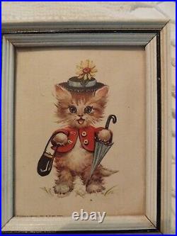 Rare Vintage 2x Donald Art Co. Inc. 1814 framed 1958 cat kitten art