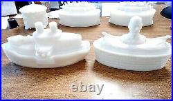 Rare Vintage 7 Piece Collection Of Antique Historic Milk Glass Covered Dishes