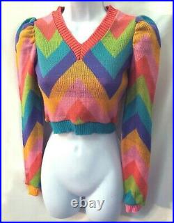 Rare Vintage 70s Betsey Johnson Alley Cat V neck cropped rainbow sweater Sz Sm