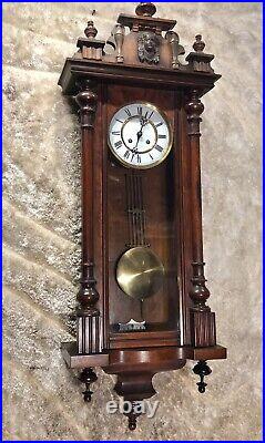Rare Vintage Antique Germany Striking Vienna Wall Clock, With Carved Walnut Case