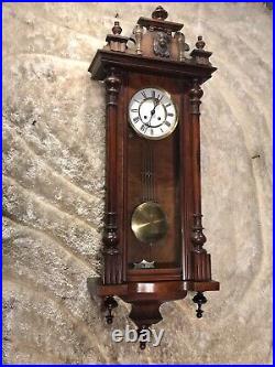 Rare Vintage Antique Germany Striking Vienna Wall Clock, With Carved Walnut Case
