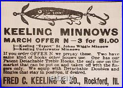 Rare Vintage Keeling Expert Minnow Early No Glass Eye Antique Wood Fishing Lure