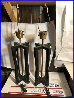 Rare Vintage Pair Brass & Wood Black Table Lamps Mid Century Modern Work